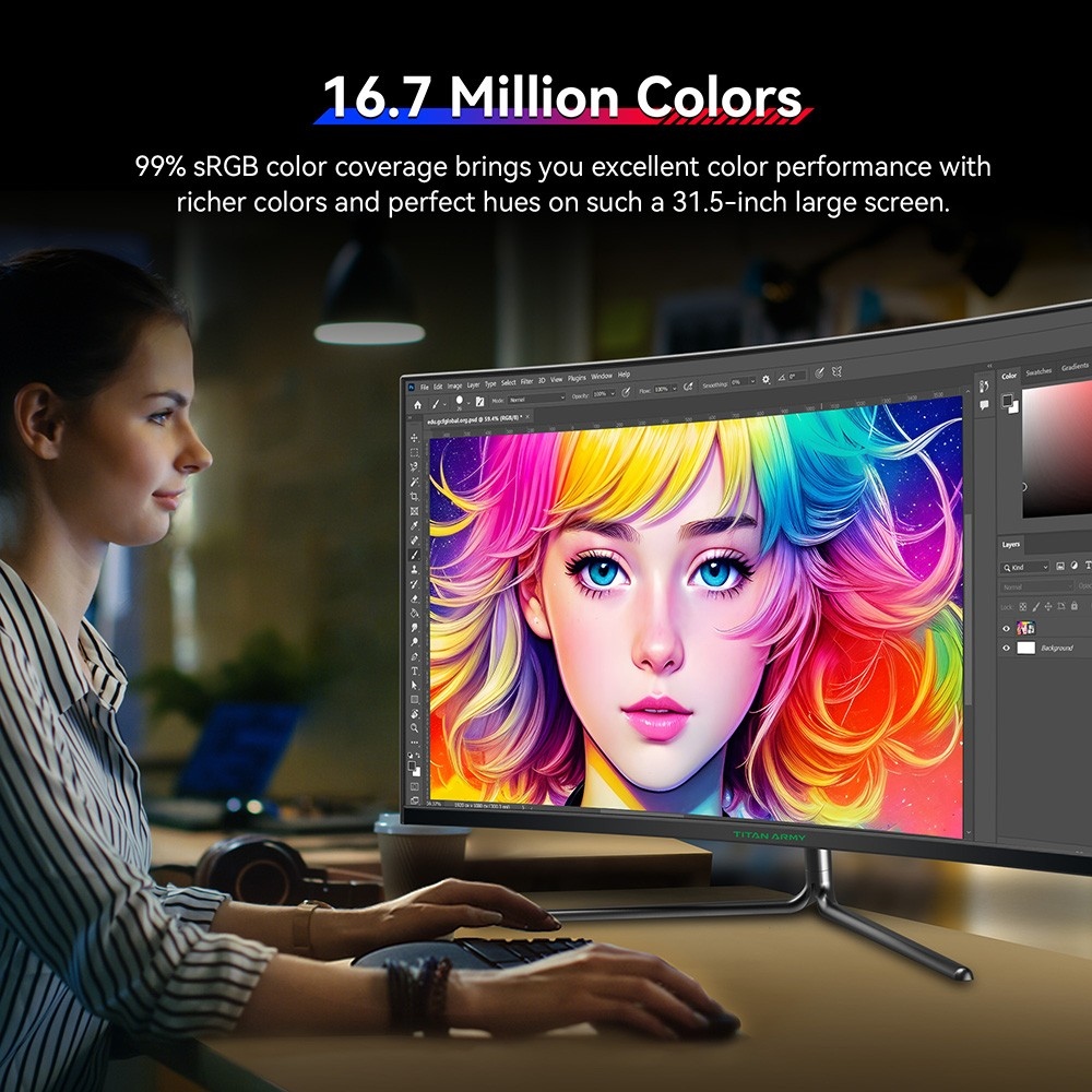 TITAN ARMY C32C1S Gaming Monitor, 31.5-inch 2560x1440 2K 1500R Curved Screen, 240Hz Refresh Rate, HDR400 Brightness, 1ms MPRT, Adaptive Sync, 99% sRGB, Support PIP & PBP Display, Low Blue Light