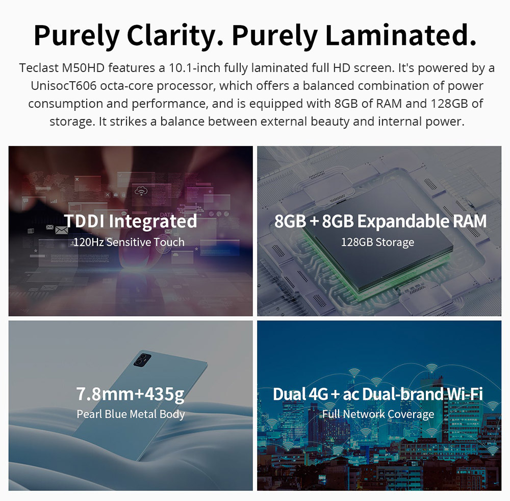 Teclast M50HD 10.1-inch Tablet, 1920x1200 IPS Screen, Unisoc T606 8-Core, 8GB RAM+128GB ROM, Android 13, 5MP+13MP Camera, 6000mAh Battery Type-C Charging, GPS/Galileo/GLONASS/BDS, 2.4G/5G Dual band WiFi Bluetooth 5.0, Dual 4G SIM/Micro SD Slot - EU