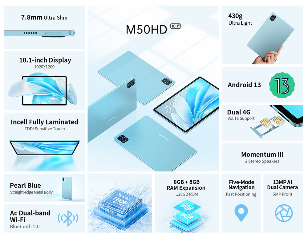 Teclast M50HD 10.1-inch Tablet with Leather Case, 1920x1200 IPS Screen, Unisoc T606 8-Core, 8GB RAM+128GB ROM, Android 13, 5MP+13MP Camera, 6000mAh Battery, GPS/Galileo/GLONASS/BDS, 2.4G/5G Dual band WiFi Bluetooth 5.0, Dual 4G SIM/Micro SD Slot - EU