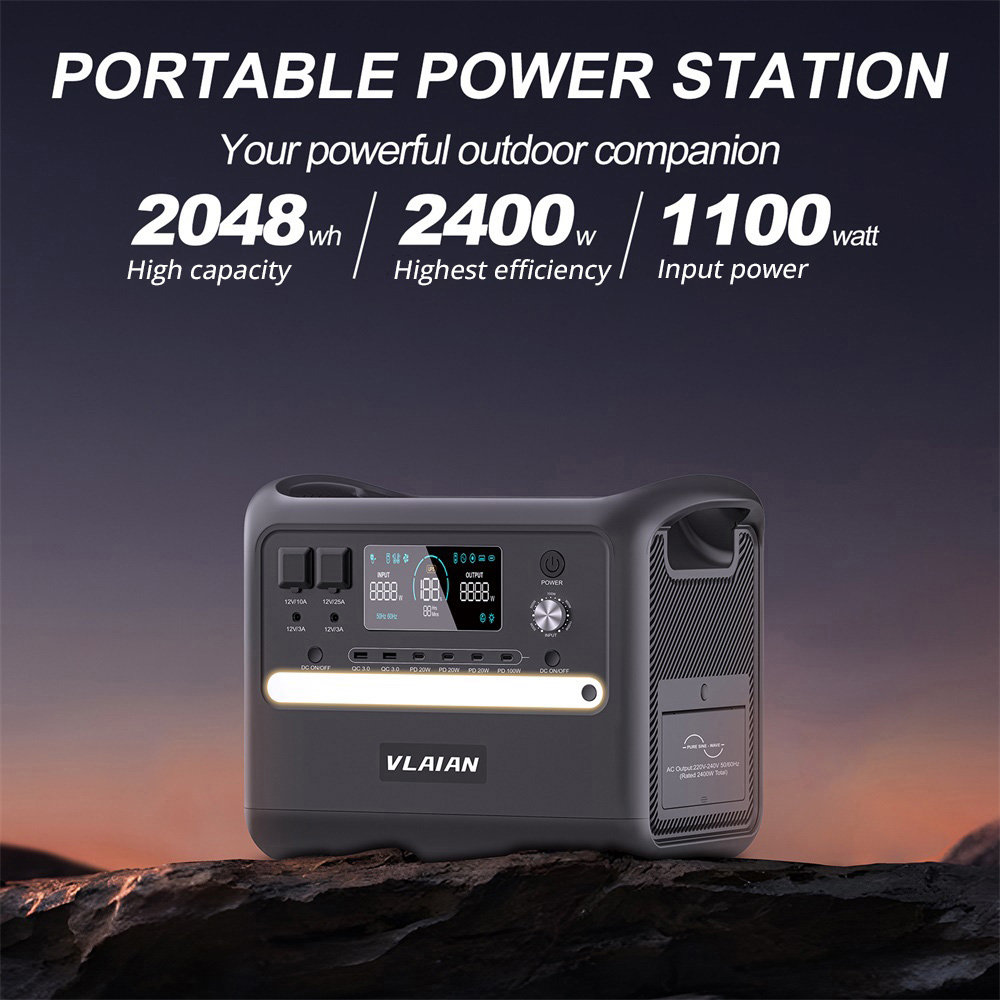 VLAIAN S2400 Portable Power Station, 2048Wh LiFePo4 Solar Generator, 2400W AC Output, Adjustable Input Power, PD 100W USB-C, UPS Function, LED Light, Fully Charged in 1.5 Hours, 13 Outputs - Grey