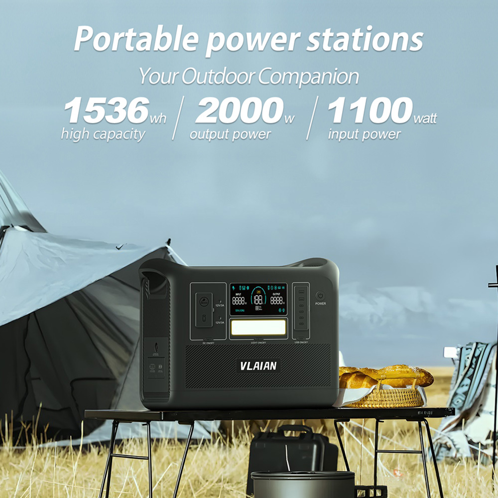 VLAIAN W2000 Portable Power Station, 1536Wh LiFePo4 Solar Generator, 2000W AC Output, 1.5 Hours Fast Charging, PD 100W USB-C, UPS Function, LED Light, 13 Outputs - Black