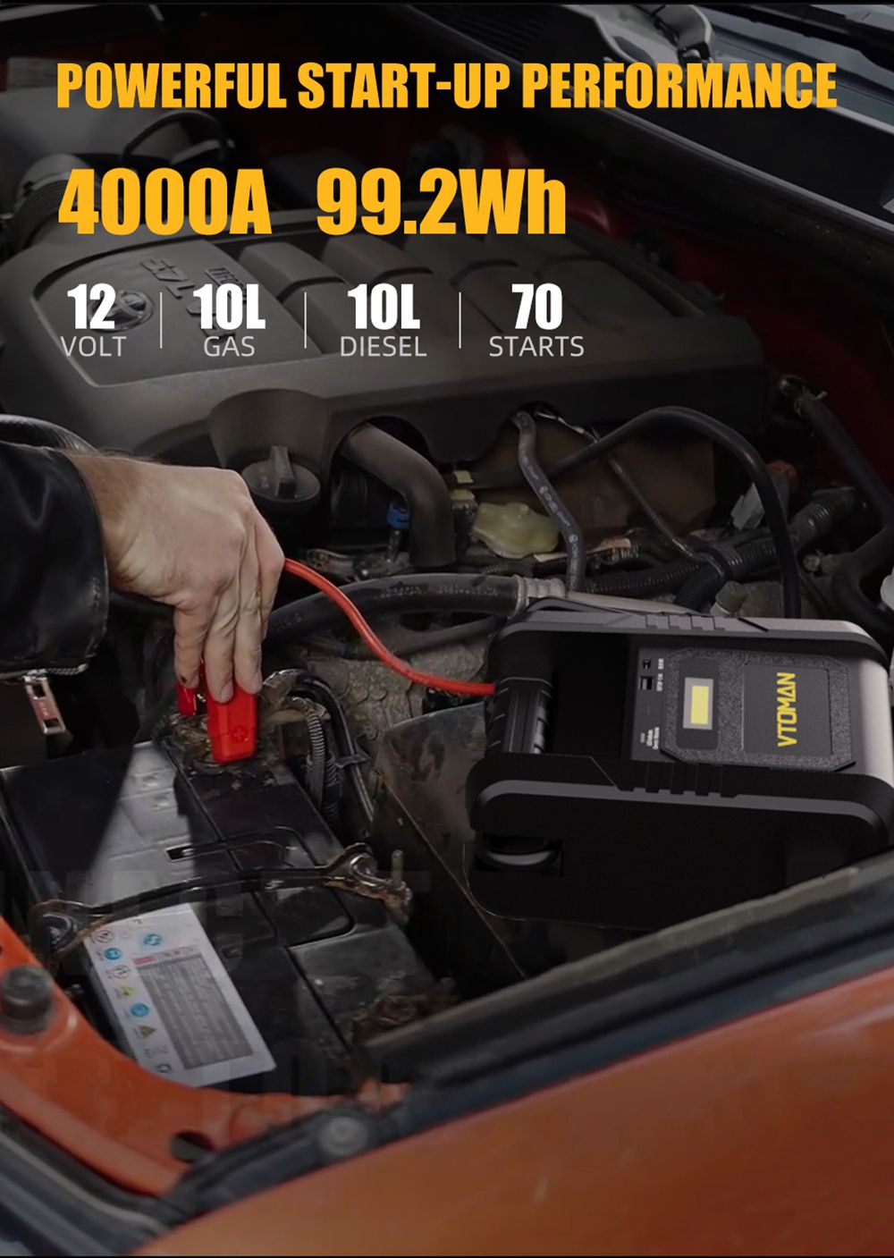 VTOMAN V4000 Jump Starter, 4000A Peak Car Starter, 12V Lithium Jump Box, Auto Battery Booster Pack, 26800mAh Power Bank, 400 Lumen LED Light