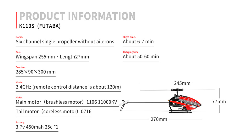 XK K110S 2.4G 6CH 3D 6-Axis Gyro Brushless Motor Compatible with FUTABA S-FHSS RC Helicopter - One Battery