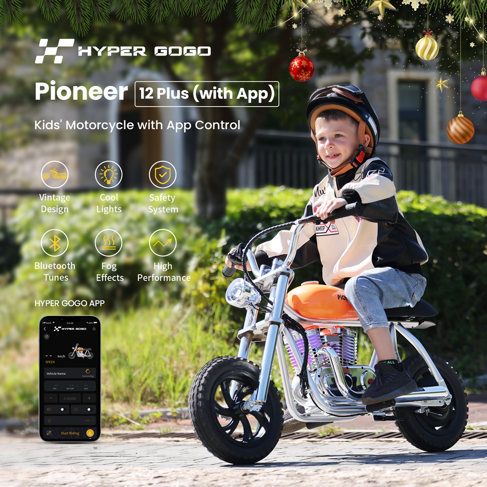 HYPER GOGO Pioneer 12 Plus with App Electric Motorcycle for Kids, 24V 5.2Ah 160W with 12'x3' Tires, 12KM Range - Orange