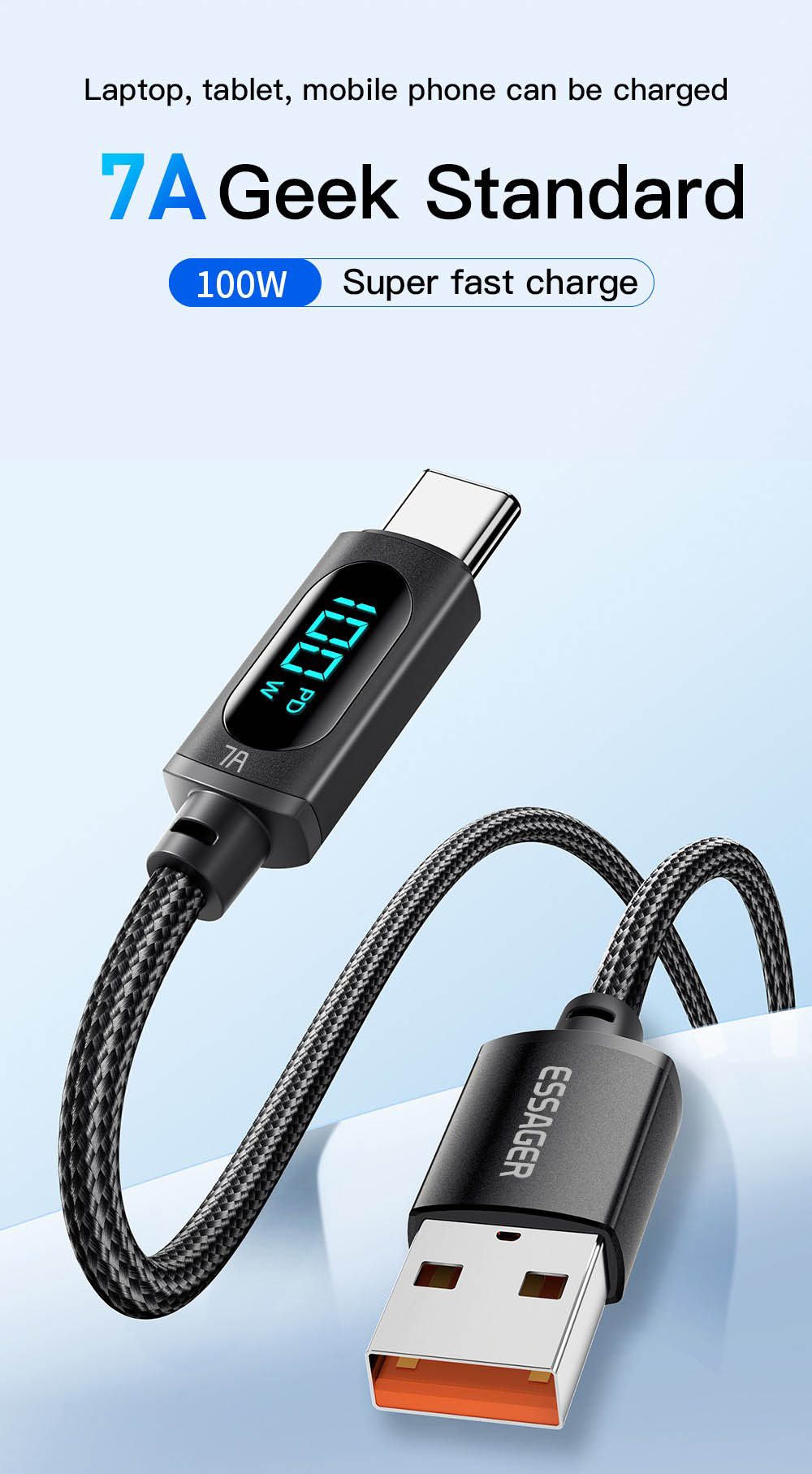 Essager 7A USB Type-C Cable with Digital Display, PD 100W Fast Charge, 2m Cable, for Huawei Xiaomi Samsung OPPO Fast Charging Smartphones