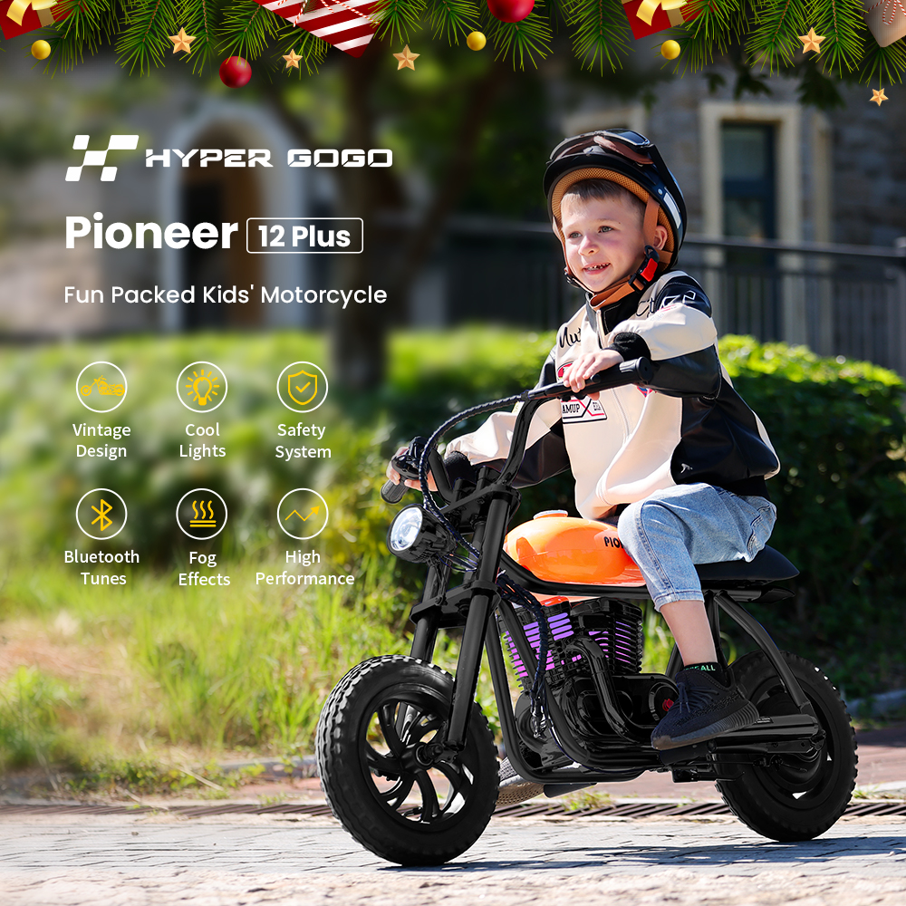 HYPER GOGO Pioneer 12 Plus Electric Chopper Motorcycle for Kids 24V 5.2Ah 160W with 12'x3' Tires, 12KM Top Range - Orange