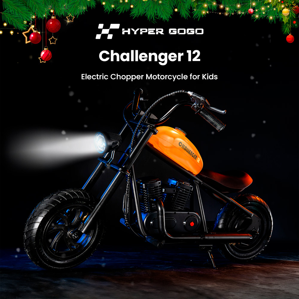 HYPER GOGO Challenger 12 Electric Chopper Motorcycle for Kids 24V 5.2Ah 160W with 12'x3' Tires, 12KM Top Range - Sky Blue