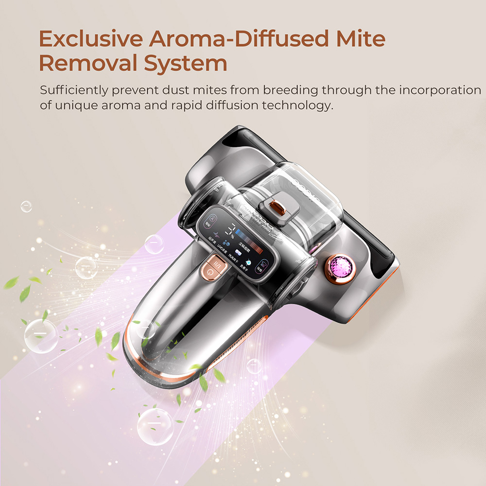 JIGOO T600 Dual-Cup Smart Mite Cleaner Bed Vacuum Cleaner with Aroma-Diffuser System, 700W 15KPa Suction, Dust Mite Sensor, UV Light, Ultrasonic Tech, 99.99% Mites Removal, US Plug - Grey