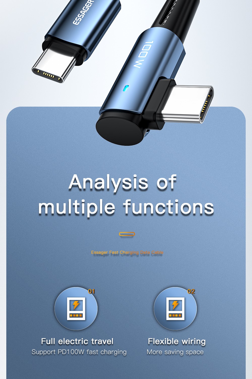 ESSAGER 100W 5A Fast Charging Data Cable, Type-C to Type-C, Bend Design, 480Mbps Transfer Rate, for iPad MacBook Pro Xiaomi Samsung Huawei