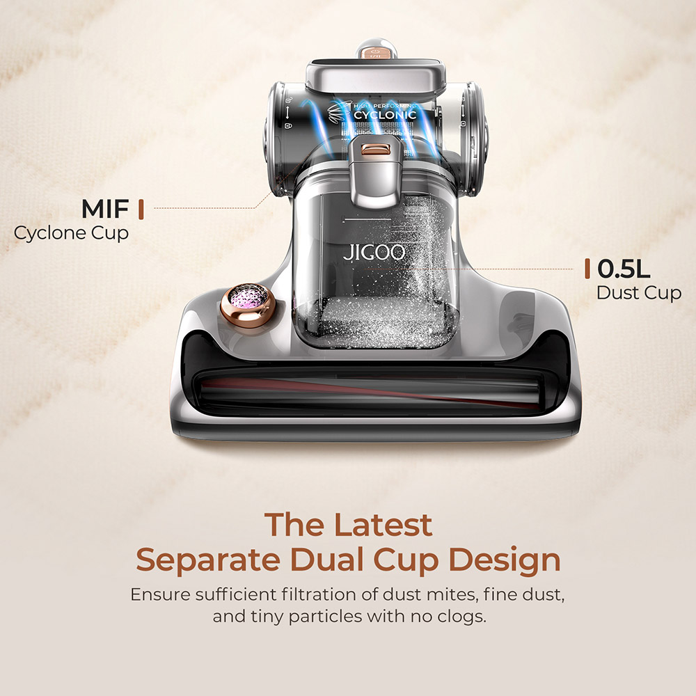 JIGOO T600 Dual-Cup Smart Mite Cleaner Bed Vacuum Cleaner with Aroma-Diffuser System, 700W 15KPa Suction, Dust Mite Sensor, UV Light, Ultrasonic Tech, 99.99% Mites Removal, US Plug - Grey