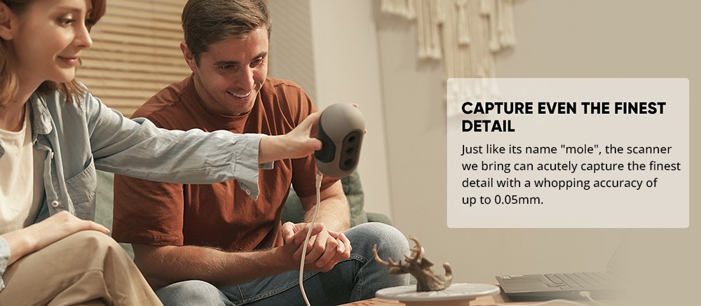 3DMakerpro Mole 3D Scanner Luxury Edition, 0.05mm Accuracy, 0.1mm Resolution, 10fps Frame Rate, Visual Tracking, Facial Scanning, Anti-Shake, 200x100mm Single Capture Range, with Turntable and Color Kit