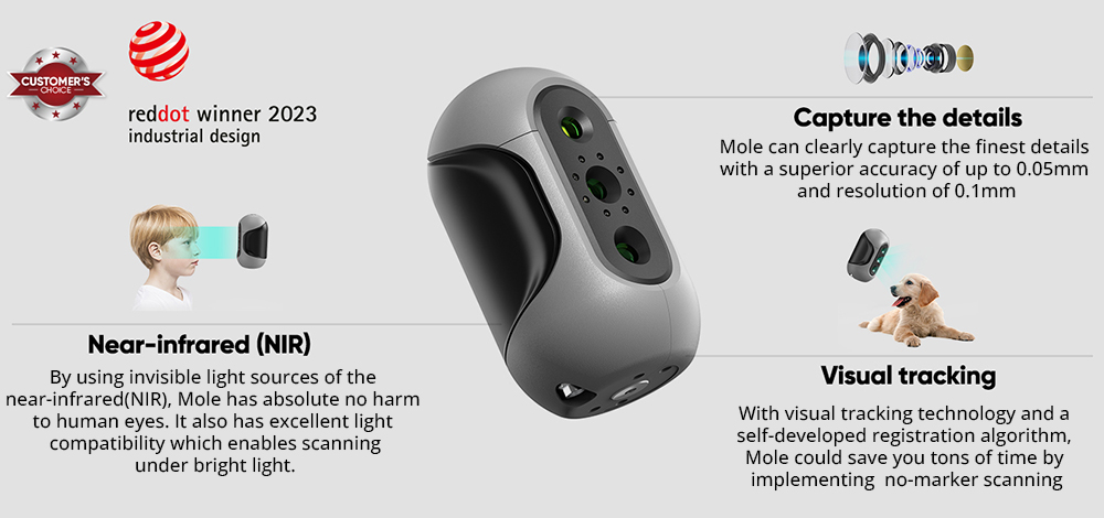 3DMakerpro Mole 3D Scanner Luxury Edition, 0.05mm Accuracy, 0.1mm Resolution, 10fps Frame Rate, Visual Tracking, Facial Scanning, Anti-Shake, 200x100mm Single Capture Range, with Turntable and Color Kit