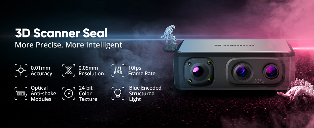 3DMakerpro Seal 3D Scanner, 0.01mm Accuracy, 0.05mm Resolution, 10fps Frame Rate, Visual Tracking, Anti-Shaking, Color Scanning, 100x75mm Single Capture Range, 180-280mm Work Distance