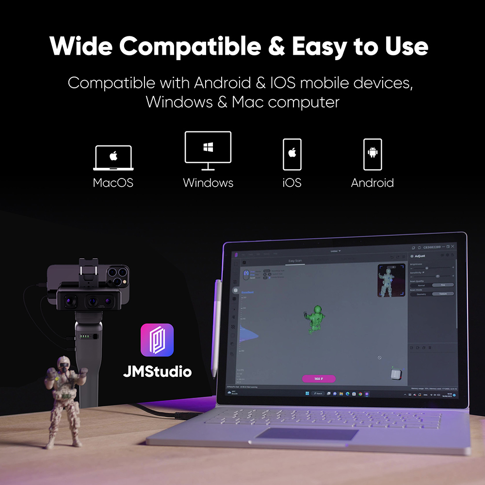 3DMakerpro Seal 3D Scanner, 0.01mm Accuracy, 0.05mm Resolution, 10fps Frame Rate, Visual Tracking, Anti-Shaking, Color Scanning, 100x75mm Single Capture Range, 180-280mm Work Distance