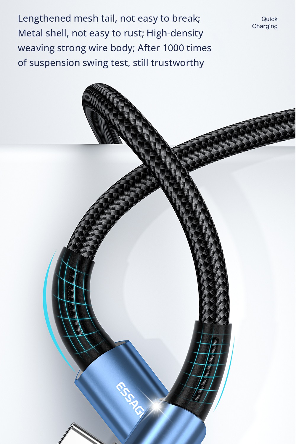 ESSAGER 100W 5A Fast Charging Data Cable, Type-C to Type-C, Bend Design, 480Mbps Transfer Rate, for iPad MacBook Pro Xiaomi Samsung Huawei