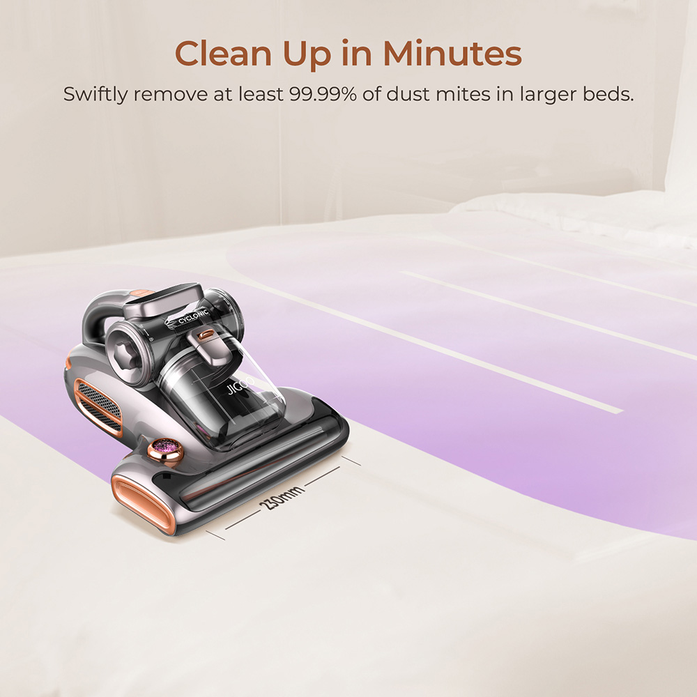 JIGOO T600 Dual-Cup Smart Mite Cleaner Bed Vacuum Cleaner with Aroma-Diffuser System, 700W 15KPa Suction, Dust Mite Sensor, UV Light, Ultrasonic Tech, 99.99% Mites Removal, US Plug - Grey