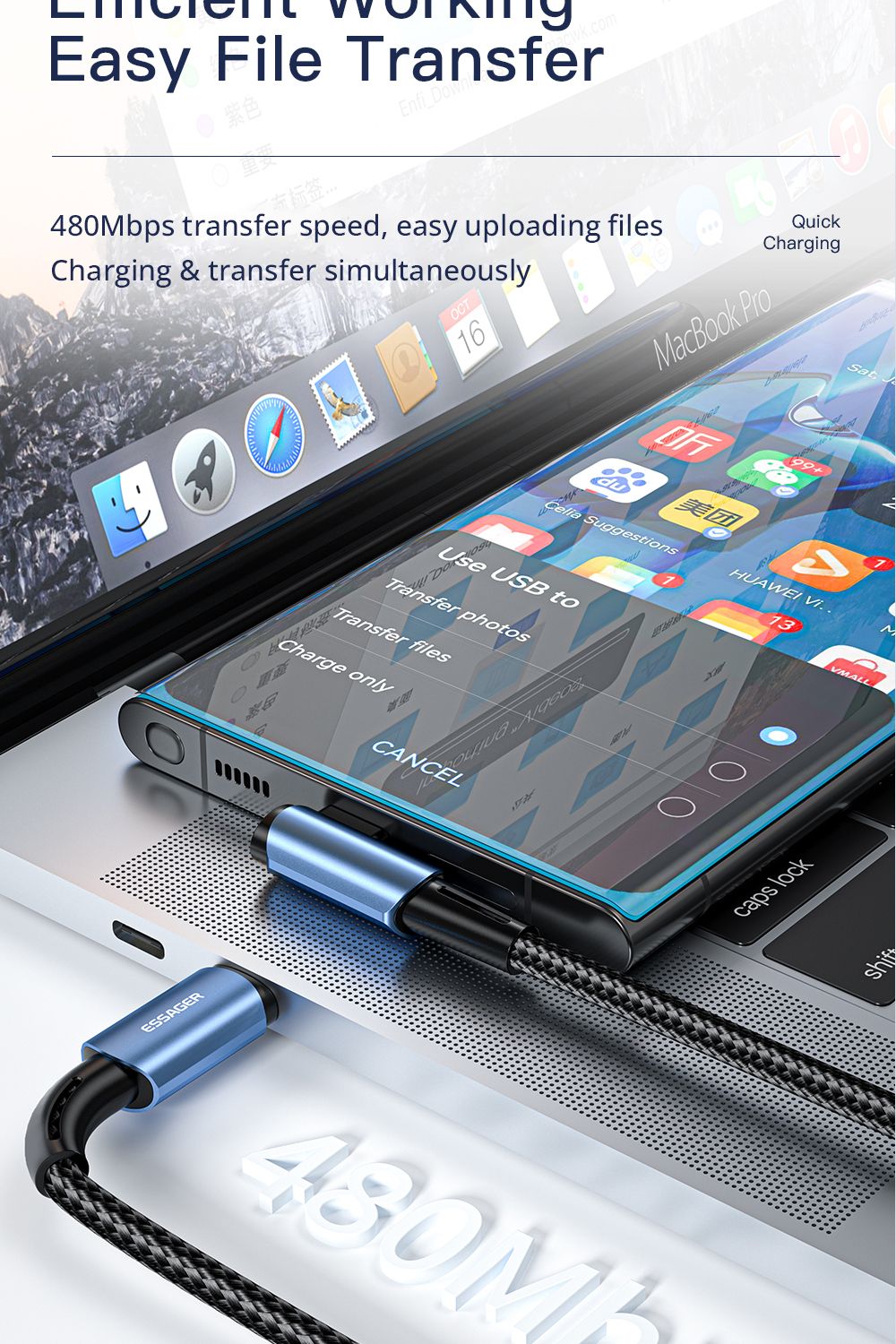 ESSAGER 100W 5A Fast Charging Data Cable, Type-C to Type-C, Bend Design, 480Mbps Transfer Rate, for iPad MacBook Pro Xiaomi Samsung Huawei