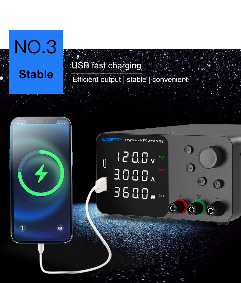 WANPTEK TPS1203 Adjustable Regulated DC Power Supply, 120V 3A, Encoder Adjustment, USB Type-C Fast Charging, 4-Digit Display, Low Noise, A/V Switching, Cooling Fan Black - UK Plug