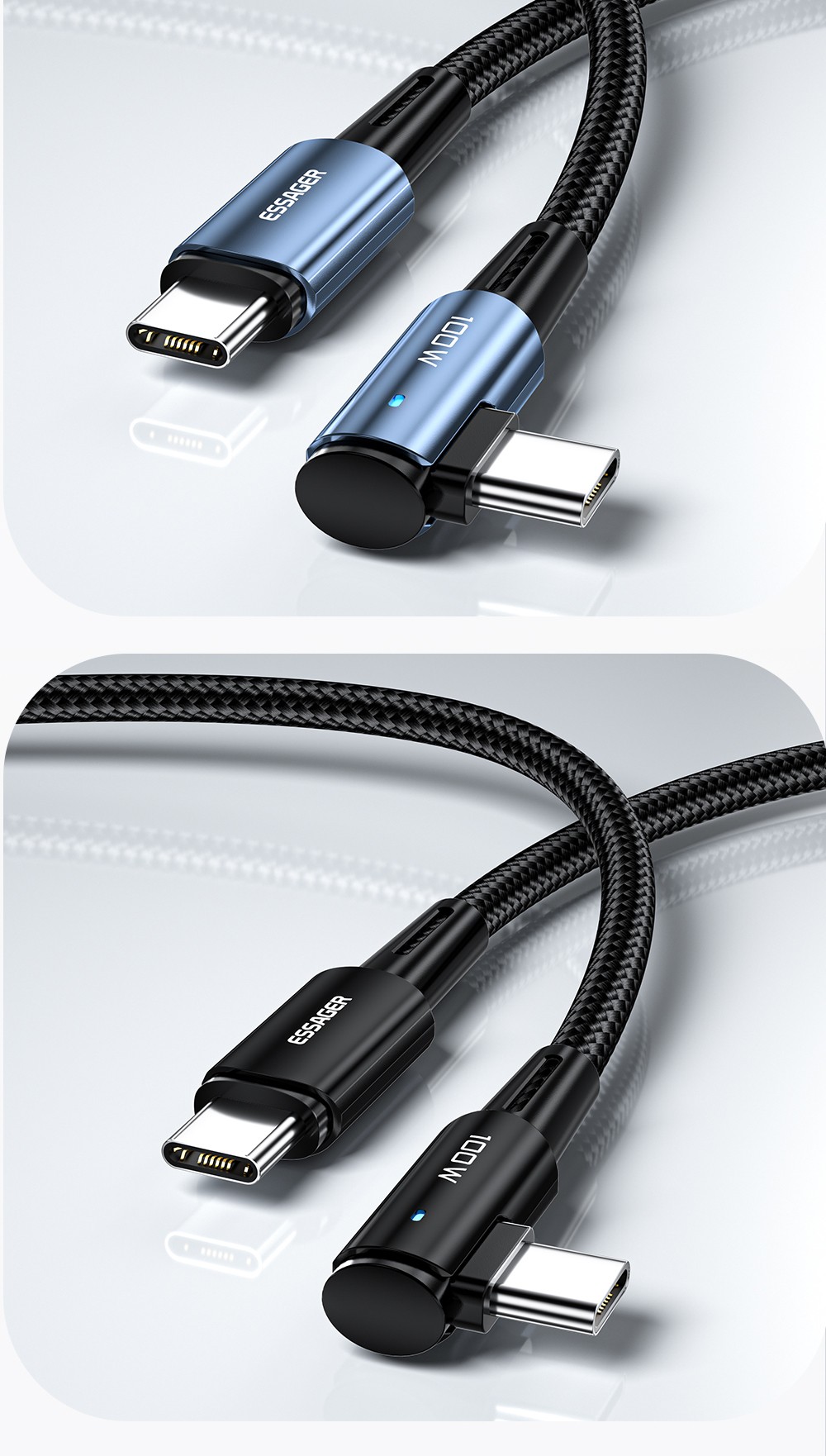 ESSAGER 100W 5A Fast Charging Data Cable, Type-C to Type-C, Bend Design, 480Mbps Transfer Rate, for iPad MacBook Pro Xiaomi Samsung Huawei