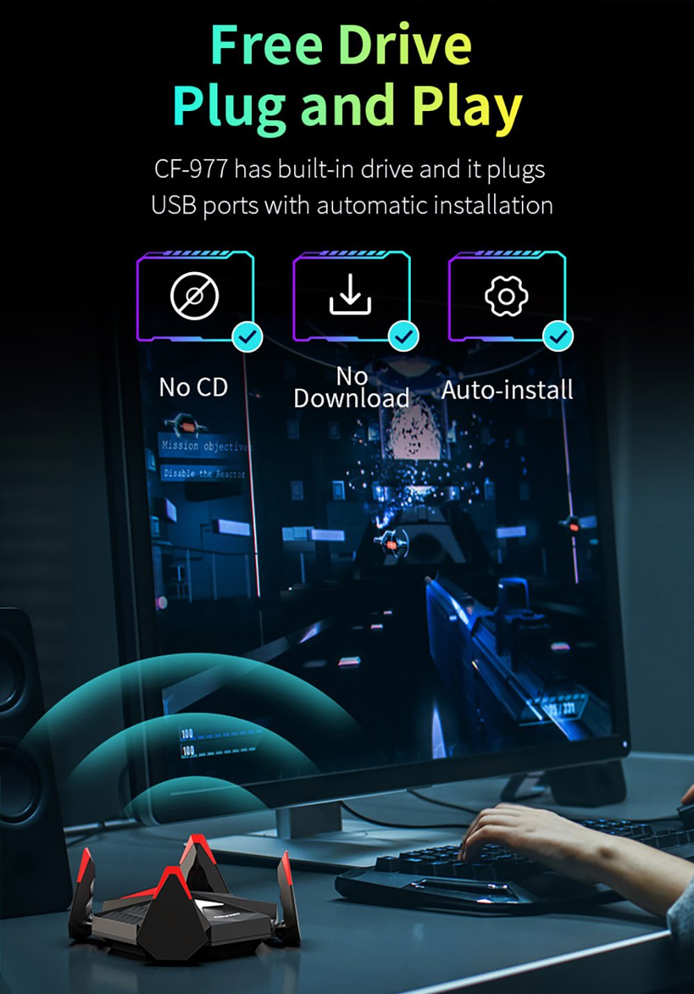 COMFAST 977AX Wireless WiFi Adapter E-Sports WiFi Dongle, 5374Mbps Tri-Band WiFi 6, USB 3.0 Plug and Play, Drive Free, WPA3 Encryption, Supports AP Mode