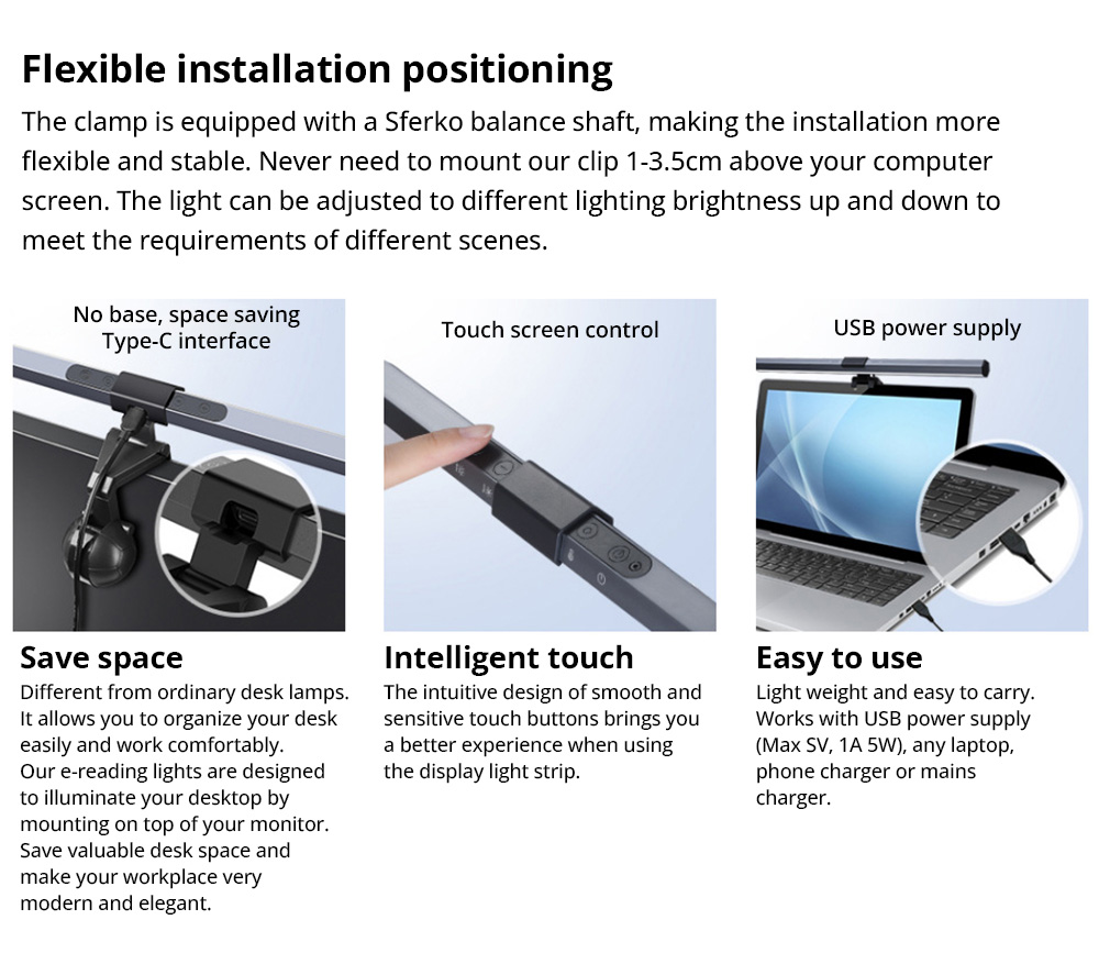 Computer Monitor Lamp Screen Monitor Light Bar Dimmable USB LED Reading Light Touch Control