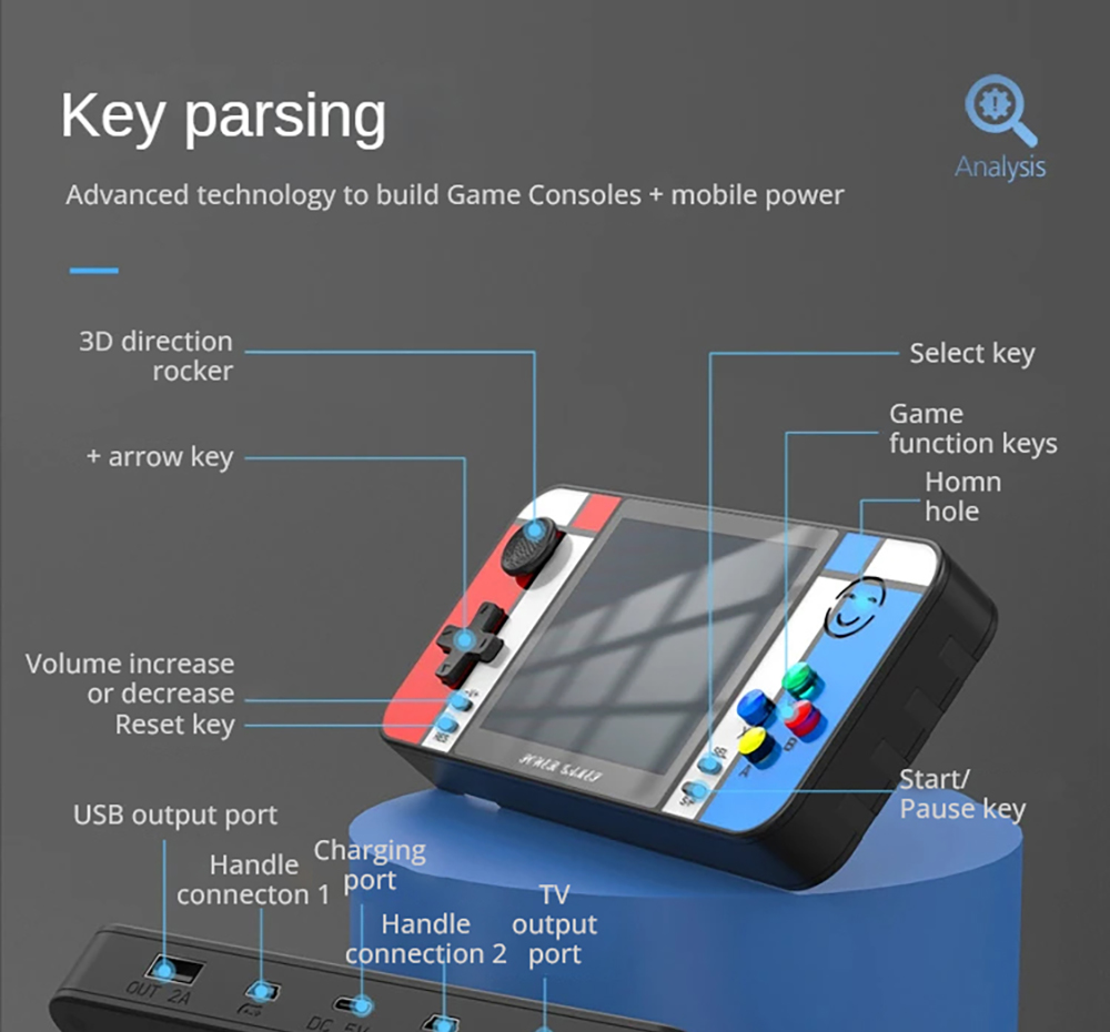 D41 2-in-1 Handheld Game Console Power Bank, 3.5 inch LCD Screen, 500 Games, Built-in USB Cable and 3 Date Cables for Mobile Phone Charging, Support Dual Gamepads Connection and HD Output, 8000mAh Battery - Black
