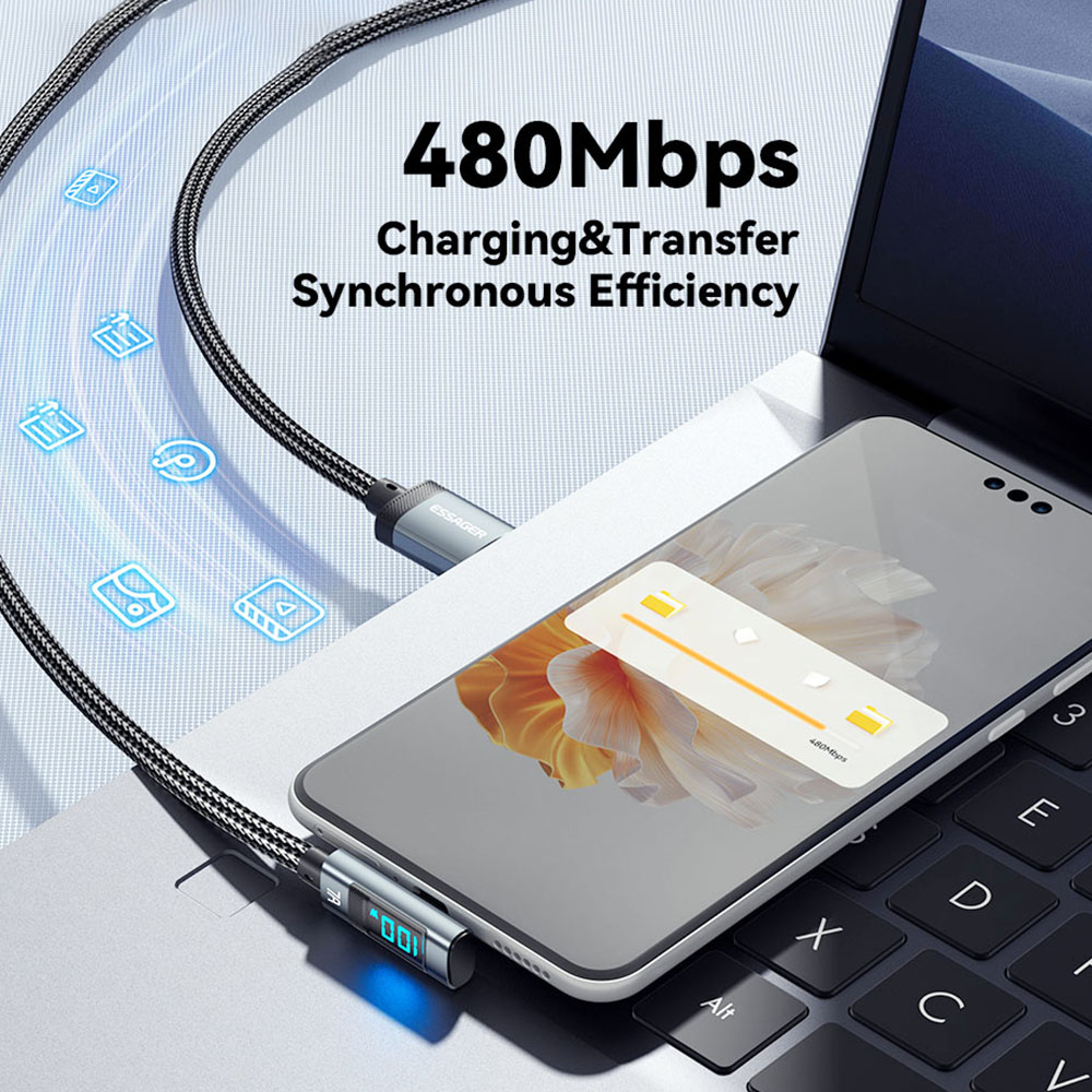 ESSAGER 100W 7A Digital Display Data Cable, USB-A to Type-C, Bend Design, 480Mbps Transfer Rate, for MacBook Xiaomi Samsung Huawei Mate60 Smartphone - 1m Cable
