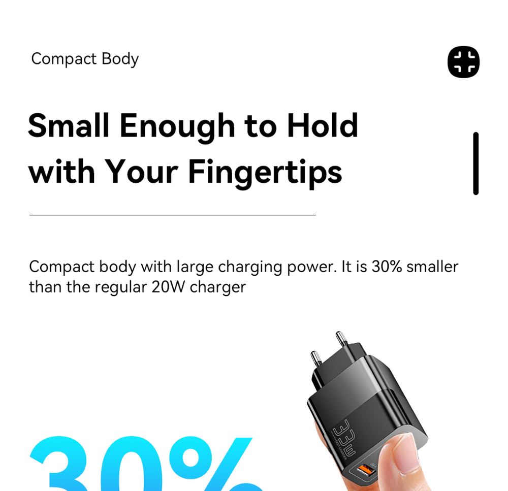 ESSAGER 33W GaN Charger, USB-A + Type-C, PD 3.0 QC 3.0 Fast Charging, Intelligent Charging Protection, for iPhone iPad Xiaomi Mobile Phone Tablet, EU Plug - White