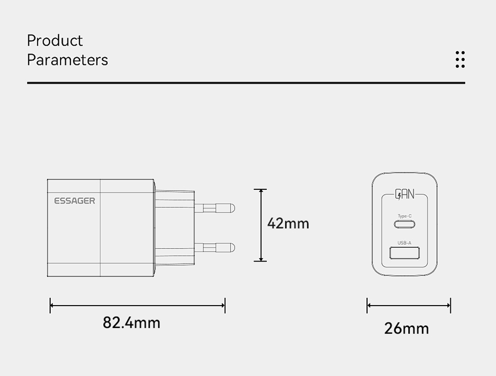 ESSAGER 33W GaN Charger, USB-A + Type-C, PD 3.0 QC 3.0 Fast Charging, Intelligent Charging Protection, for iPhone iPad Xiaomi Mobile Phone Tablet, EU Plug - White
