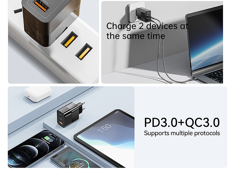 ESSAGER 33W GaN Charger, USB-A + Type-C, PD 3.0 QC 3.0 Fast Charging, Intelligent Charging Protection, for iPhone iPad Xiaomi Mobile Phone Tablet, EU Plug - White