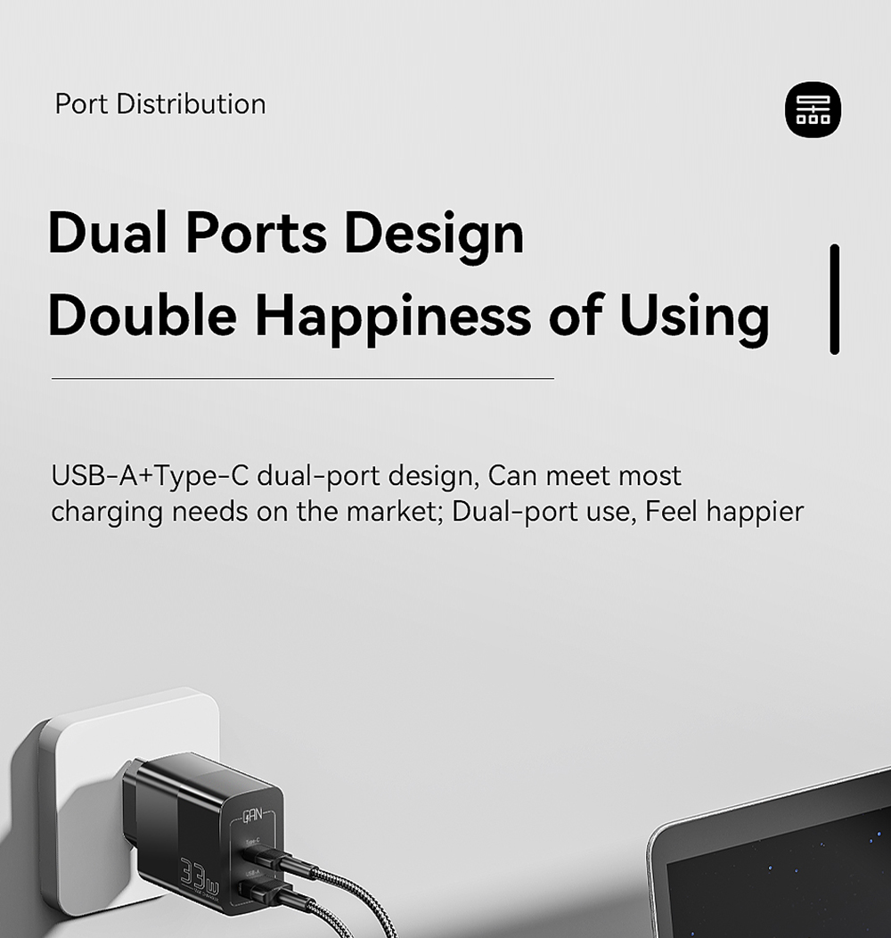 ESSAGER 33W GaN Charger, USB-A + Type-C, PD 3.0 QC 3.0 Fast Charging, Intelligent Charging Protection, for iPhone iPad Xiaomi Mobile Phone Tablet, EU Plug - White