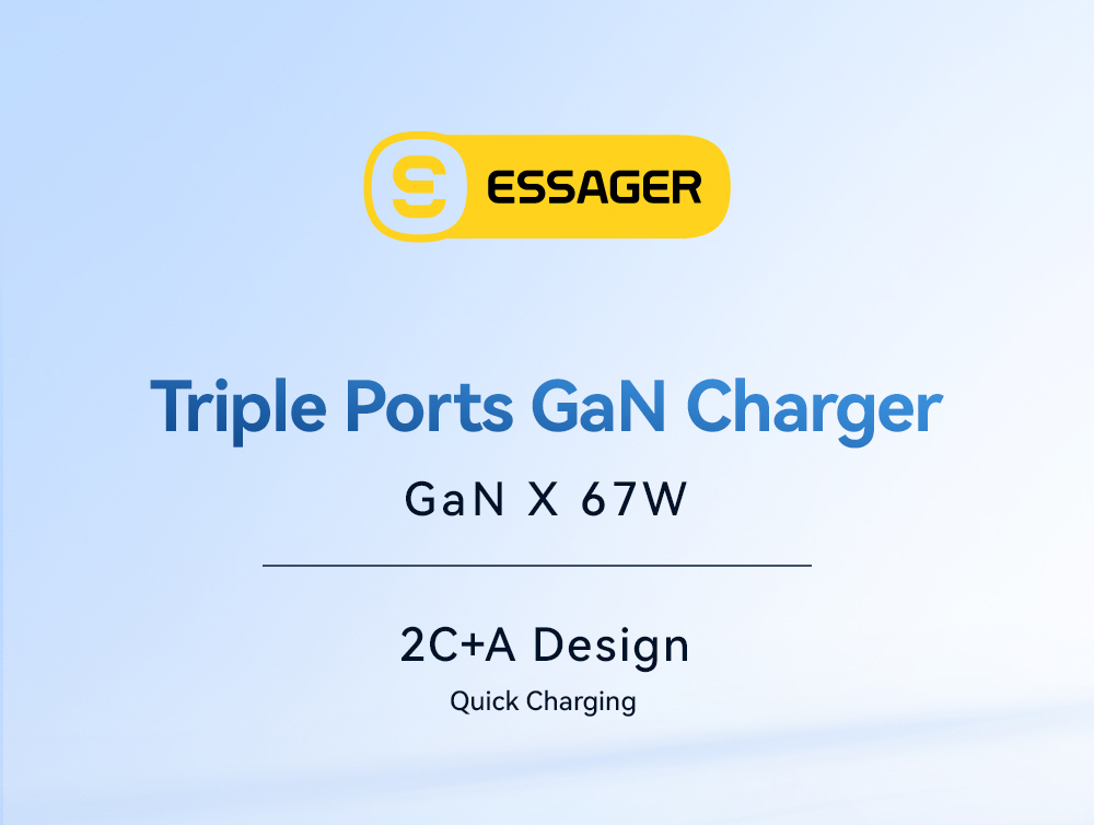ESSAGER 67W GaN Charger, 2 Type-C + 1 USB-A, PD 3.0 QC 3.0 Fast Charging, Intelligent Charging Protection, for Huawei / Samsung / OPPO / iPhone 15 / Laptop, EU Plug - Black