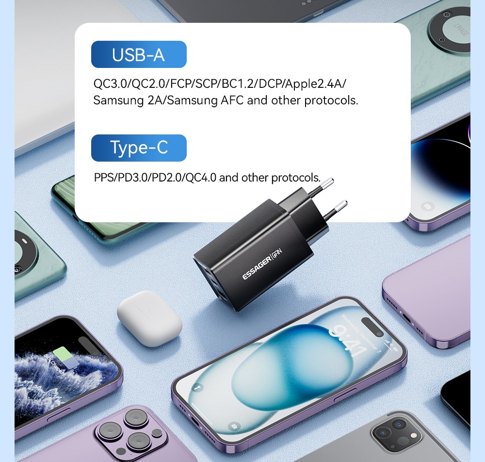 ESSAGER 67W GaN Charger, 2 Type-C + 1 USB-A, PD 3.0 QC 3.0 Fast Charging, Intelligent Charging Protection, for Huawei / Samsung / OPPO / iPhone 15 / Laptop, EU Plug - Black