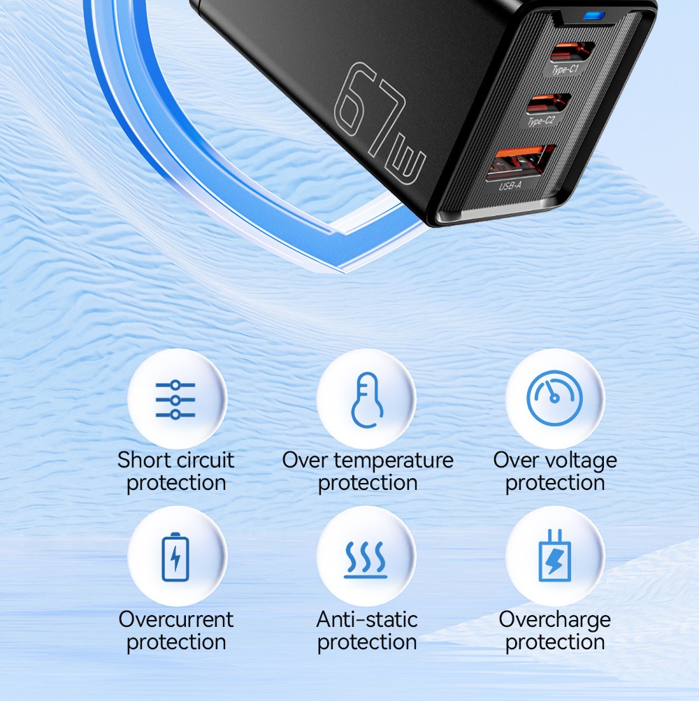 ESSAGER 67W GaN Charger, 2 Type-C + 1 USB-A, PD 3.0 QC 3.0 Fast Charging, Intelligent Charging Protection, for Huawei / Samsung / OPPO / iPhone 15 / Laptop, EU Plug - Black