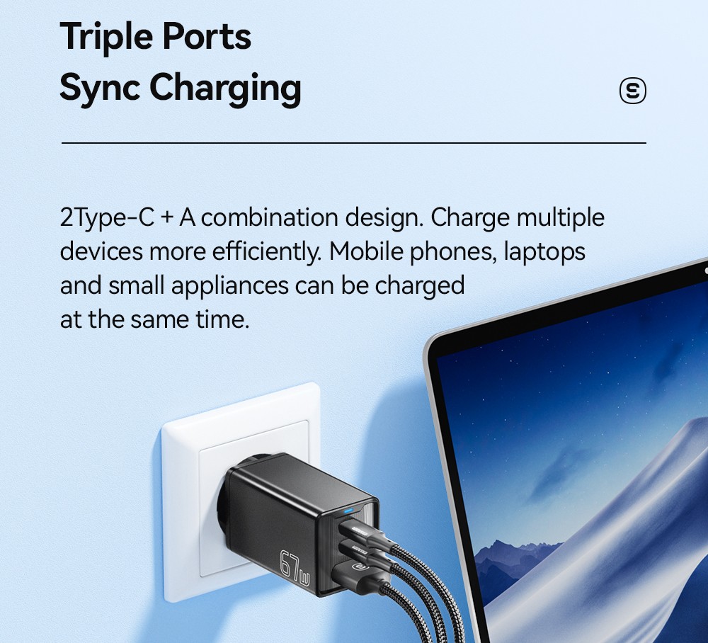 ESSAGER 67W GaN Charger, 2 Type-C + 1 USB-A, PD 3.0 QC 3.0 Fast Charging, Intelligent Charging Protection, for Huawei / Samsung / OPPO / iPhone 15 / Laptop, EU Plug - Black