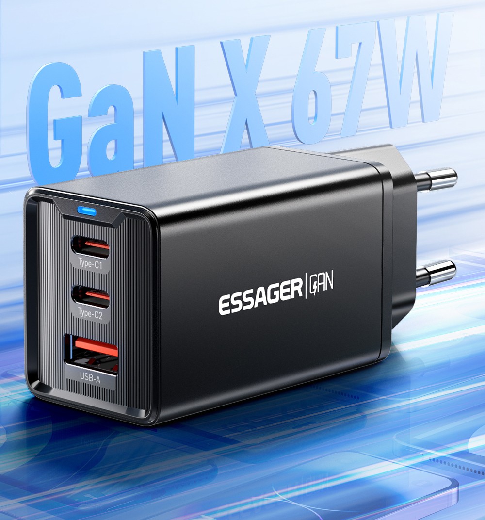 ESSAGER 67W GaN Charger, 2 Type-C + 1 USB-A, PD 3.0 QC 3.0 Fast Charging, Intelligent Charging Protection, for Huawei / Samsung / OPPO / iPhone 15 / Laptop, EU Plug - White