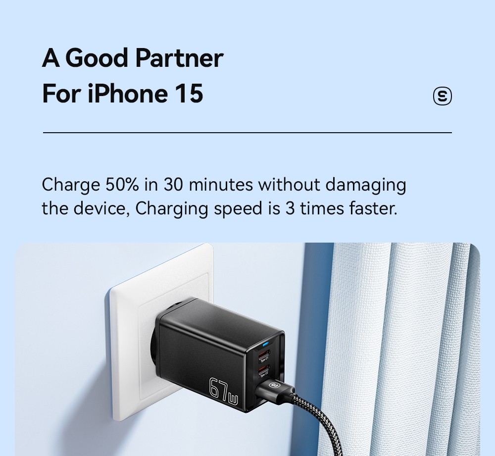 ESSAGER 67W GaN Charger, 2 Type-C + 1 USB-A, PD 3.0 QC 3.0 Fast Charging, Intelligent Charging Protection, for Huawei / Samsung / OPPO / iPhone 15 / Laptop, EU Plug - White