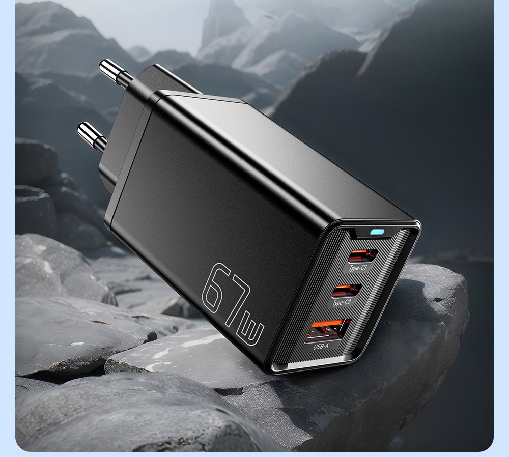 ESSAGER 67W GaN Charger, 2 Type-C + 1 USB-A, PD 3.0 QC 3.0 Fast Charging, Intelligent Charging Protection, for Huawei / Samsung / OPPO / iPhone 15 / Laptop, EU Plug - White