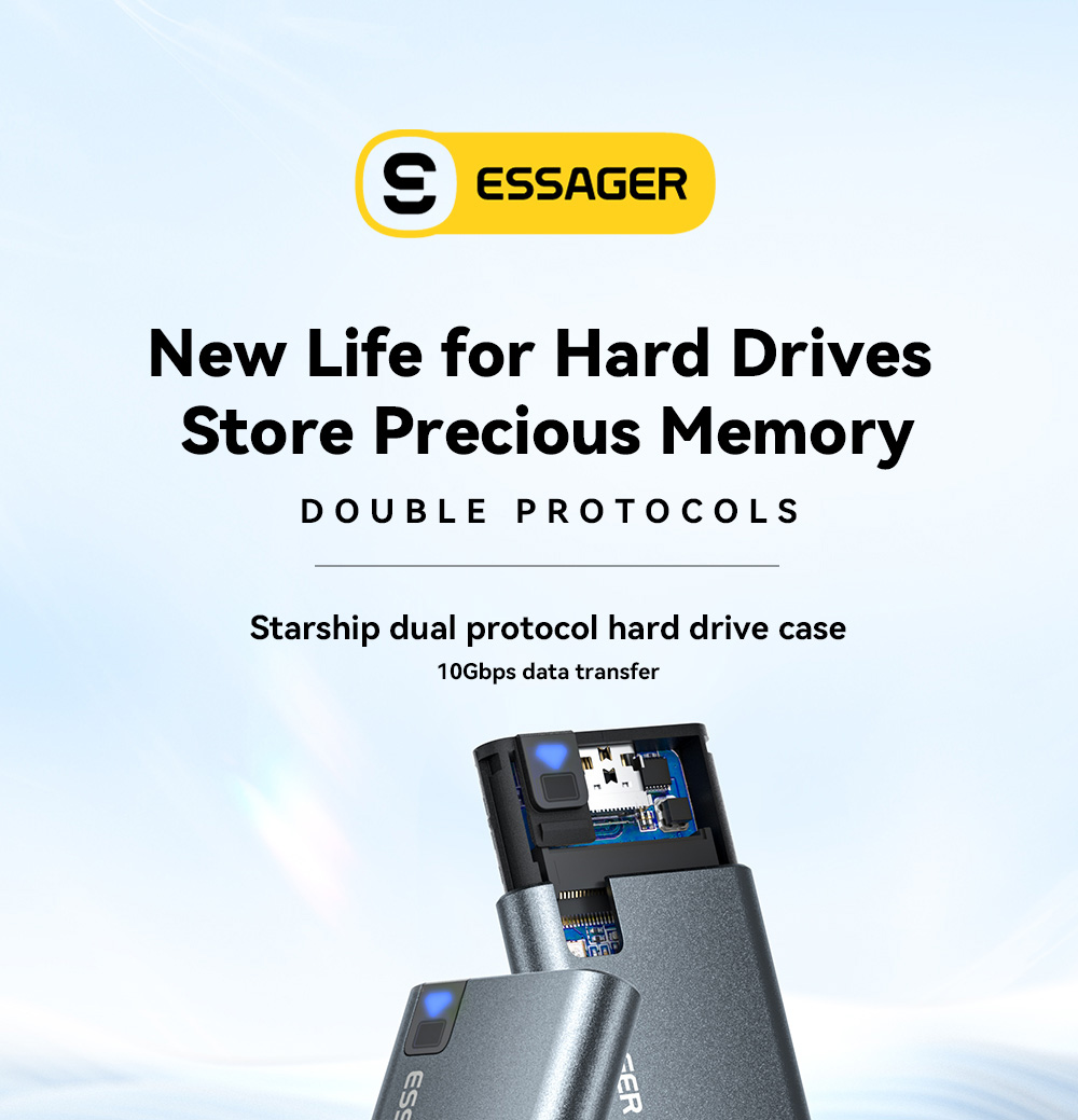 ESSAGER External Hard Drive Box, Portable SSD Case, NVME SATA Dual Protocol, USB 3.1 / Type-C Interface, Support 4TB Capacity, 10Gbps Data Transfer, for Laptop / Desktop / Mac / Mobile Phone / PS5