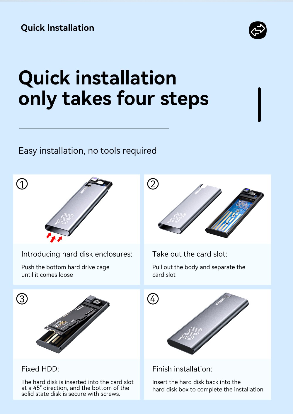 ESSAGER External Hard Drive Box, Portable SSD Case, NVME SATA Dual Protocol, USB 3.1 / Type-C Interface, Support 4TB Capacity, 10Gbps Data Transfer, for Laptop / Desktop / Mac / Mobile Phone / PS5