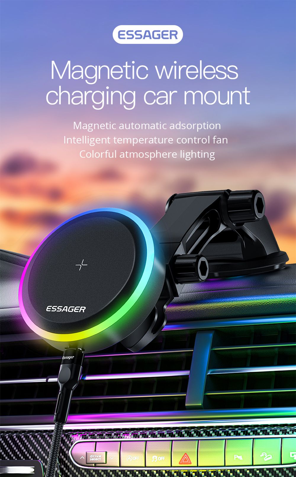 ESSAGER Qi 15W RGB Magnetic Car Phone Holder Wireless Charger for iPhone 14 13 Pro Max Samsung Universal - Chuck Type