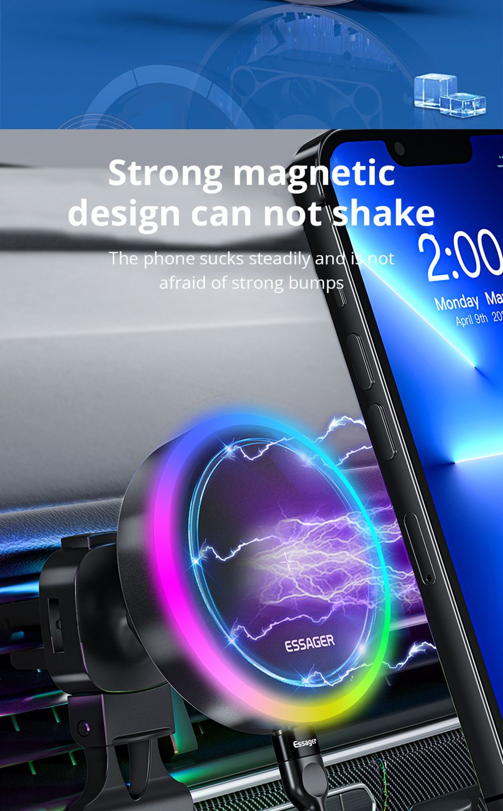 ESSAGER Qi 15W RGB Magnetic Car Phone Holder Wireless Charger for iPhone 14 13 Pro Max Samsung Universal - Chuck Type