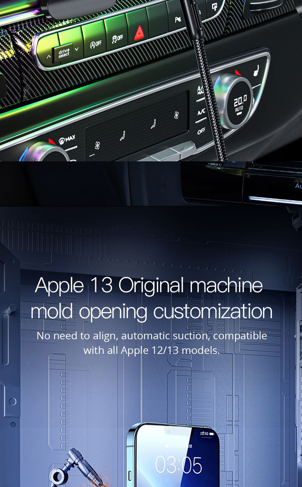 ESSAGER Qi 15W RGB Magnetic Car Phone Holder Wireless Charger for iPhone 14 13 Pro Max Samsung Universal - Chuck Type