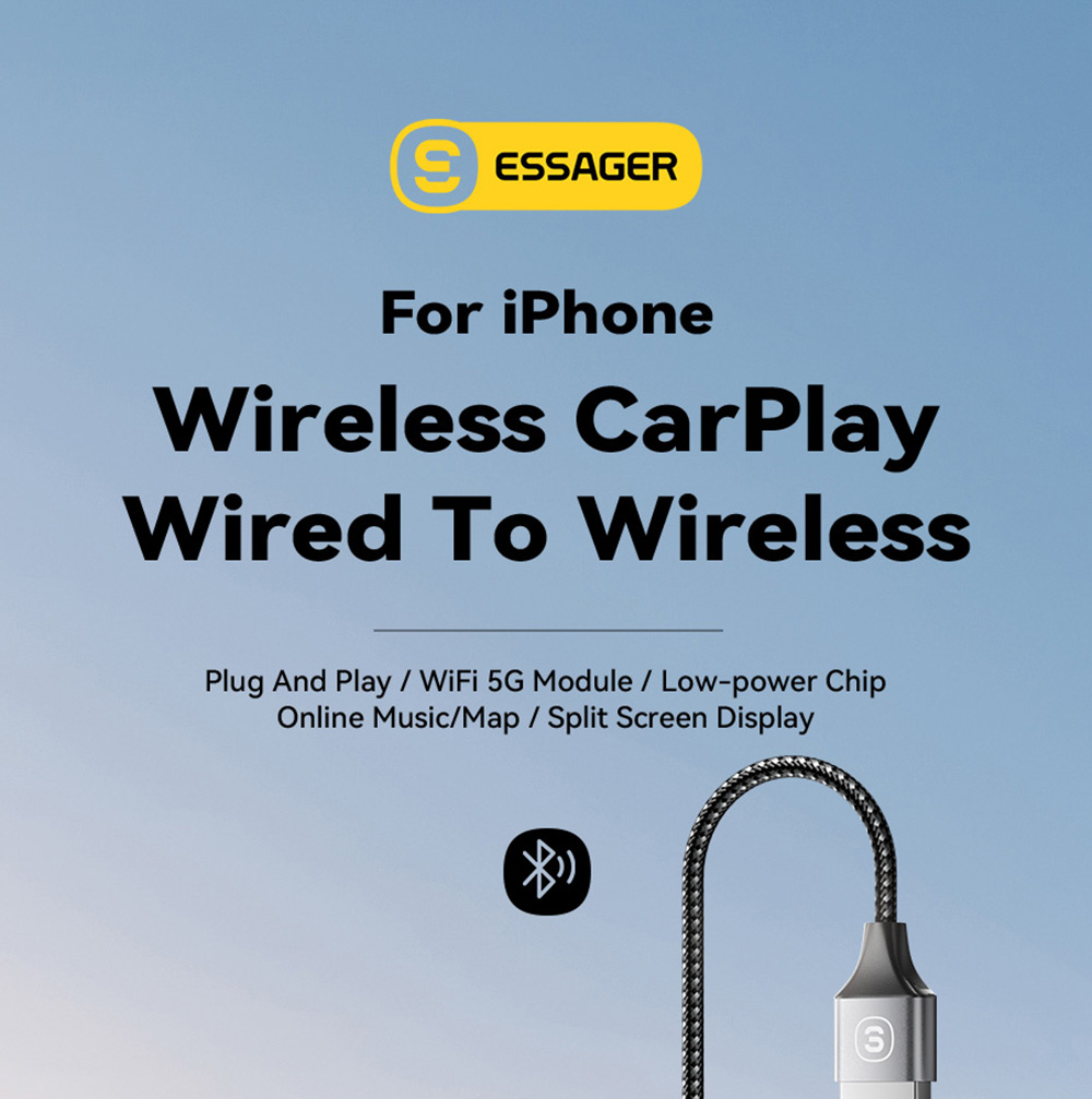 ESSAGER Wired to Wireless CarPlay, WiFi 5G Module, Split Screen Display, USB-A / Type-C Interface, for iPhone 15 / 14 / 13