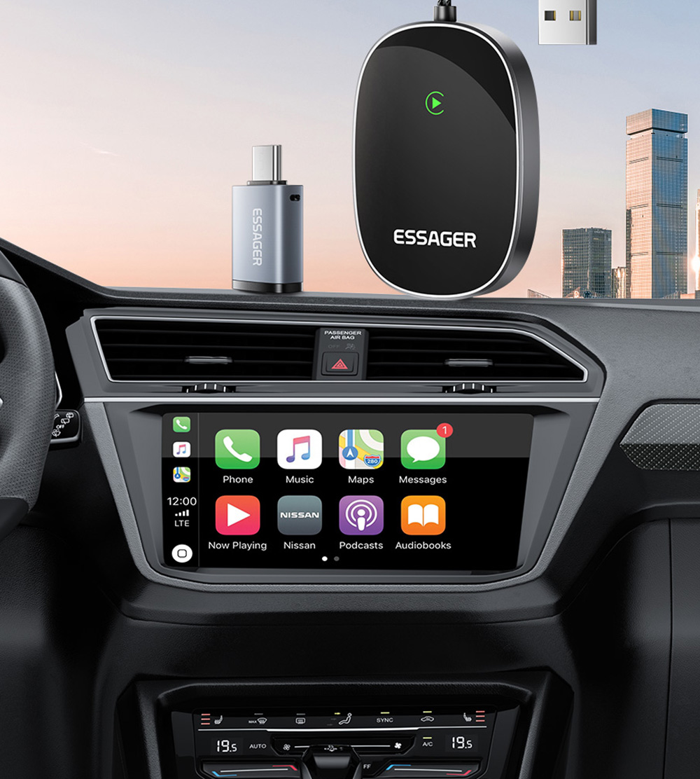 ESSAGER Wired to Wireless CarPlay, WiFi 5G Module, Split Screen Display, USB-A / Type-C Interface, for iPhone 15 / 14 / 13