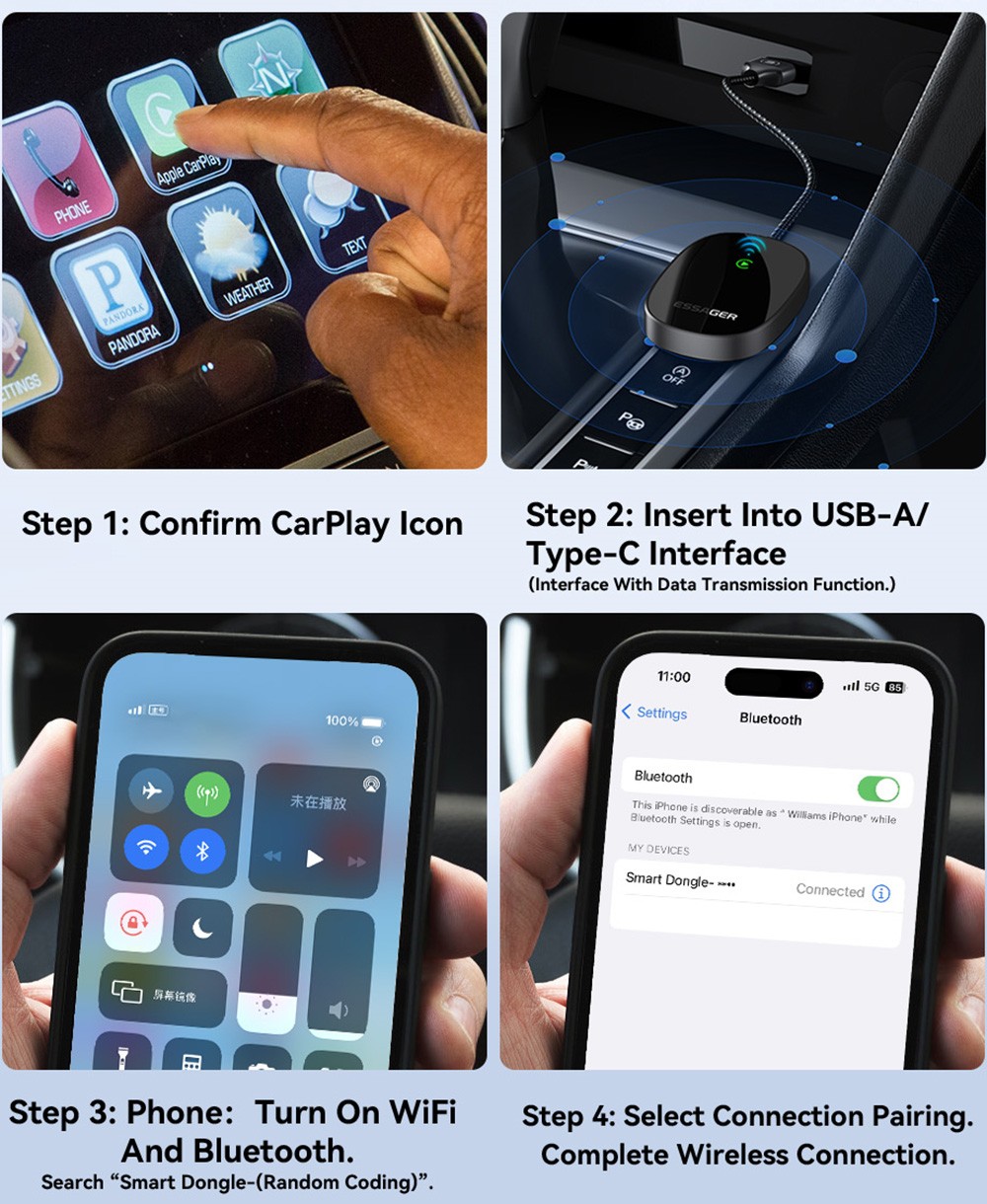 ESSAGER Wired to Wireless CarPlay, WiFi 5G Module, Split Screen Display, USB-A / Type-C Interface, for iPhone 15 / 14 / 13