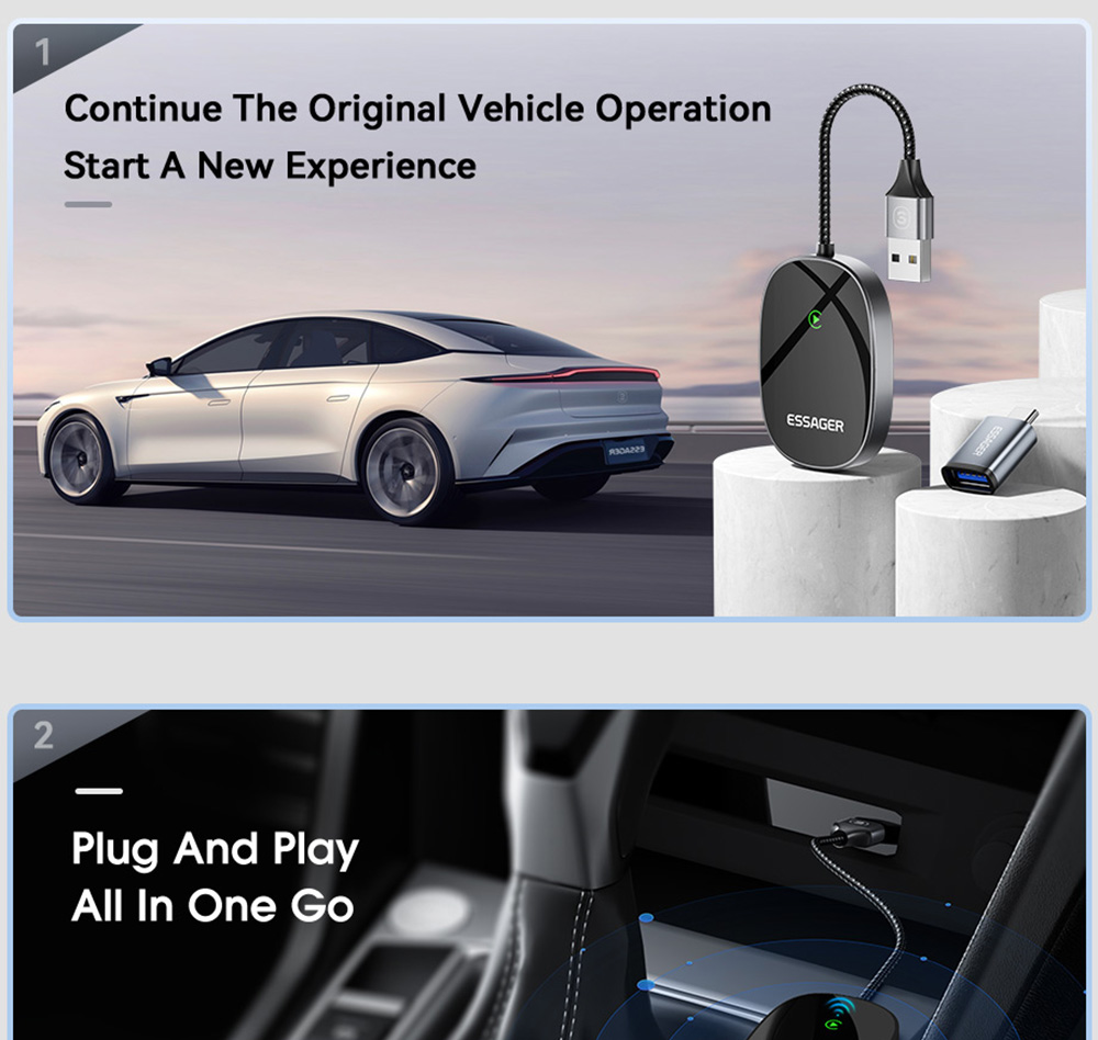 ESSAGER Wired to Wireless CarPlay, WiFi 5G Module, Split Screen Display, USB-A / Type-C Interface, for iPhone 15 / 14 / 13