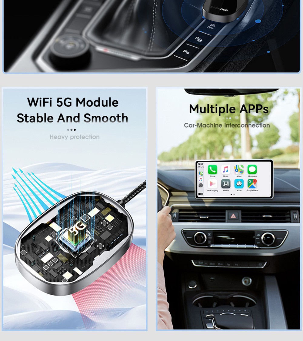 ESSAGER Wired to Wireless CarPlay, WiFi 5G Module, Split Screen Display, USB-A / Type-C Interface, for iPhone 15 / 14 / 13