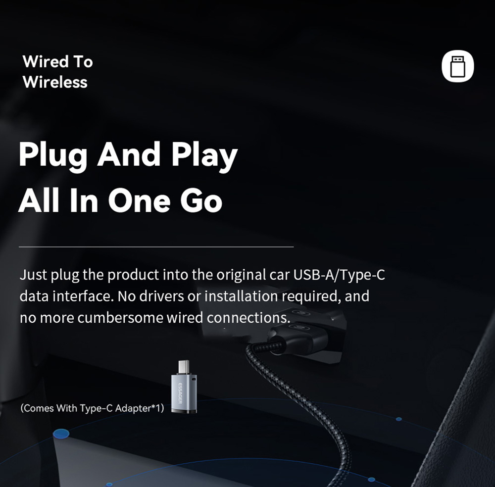 ESSAGER Wired to Wireless CarPlay, WiFi 5G Module, Split Screen Display, USB-A / Type-C Interface, for iPhone 15 / 14 / 13