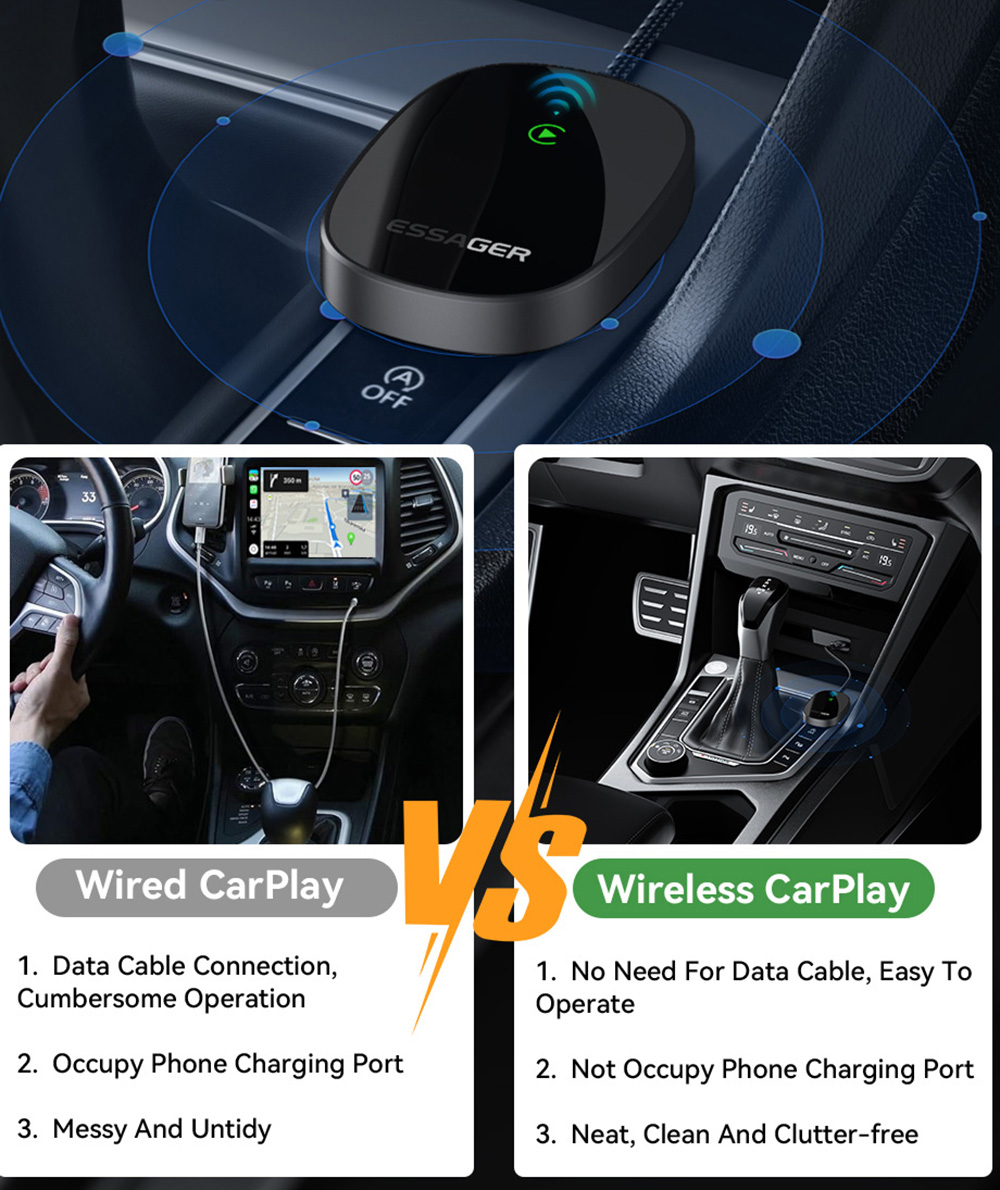 ESSAGER Wired to Wireless CarPlay, WiFi 5G Module, Split Screen Display, USB-A / Type-C Interface, for iPhone 15 / 14 / 13